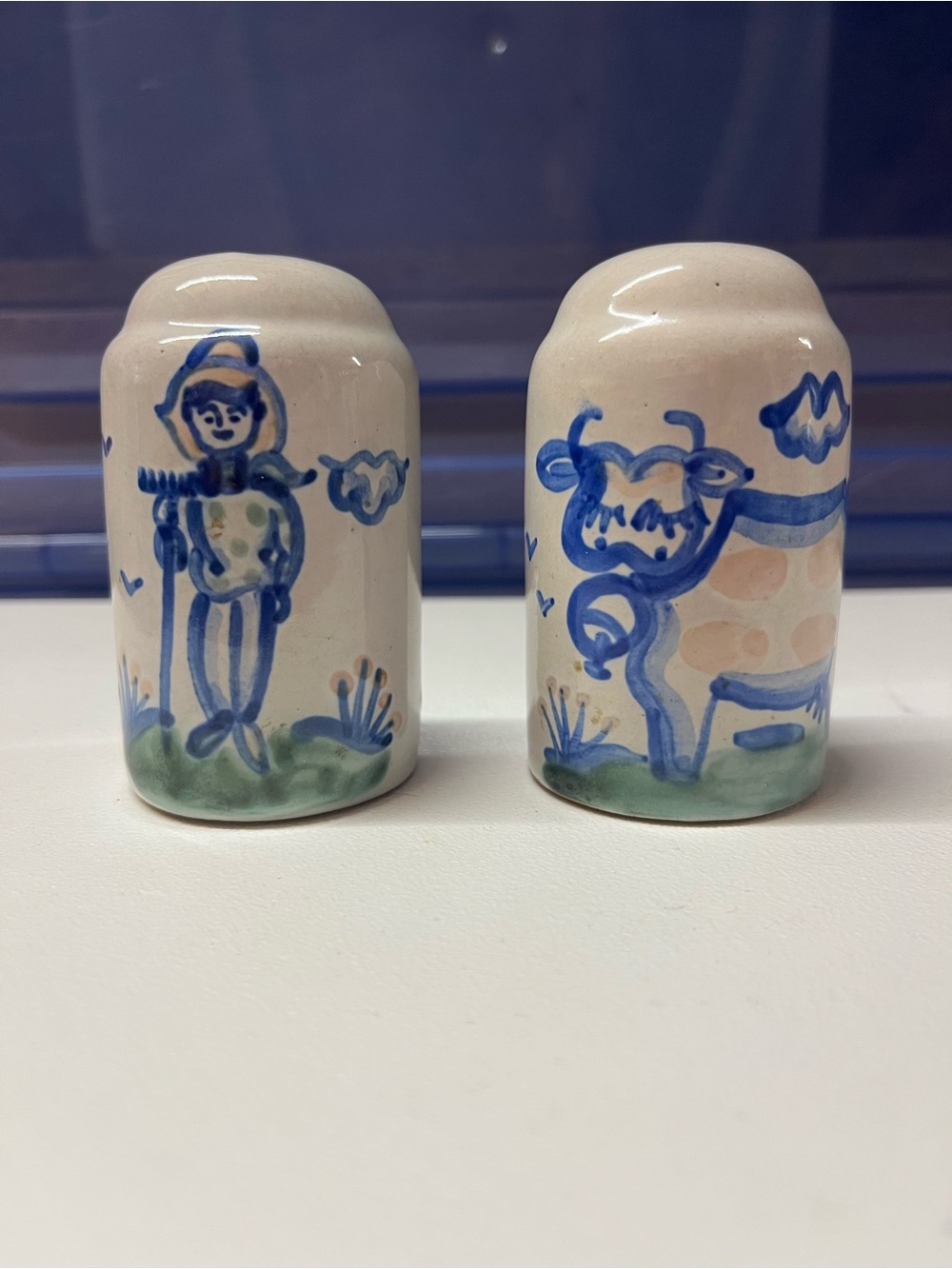 Hand-Painted Ceramic Farmer and Cow Salt & Pepper Shakers - Blue and Cream